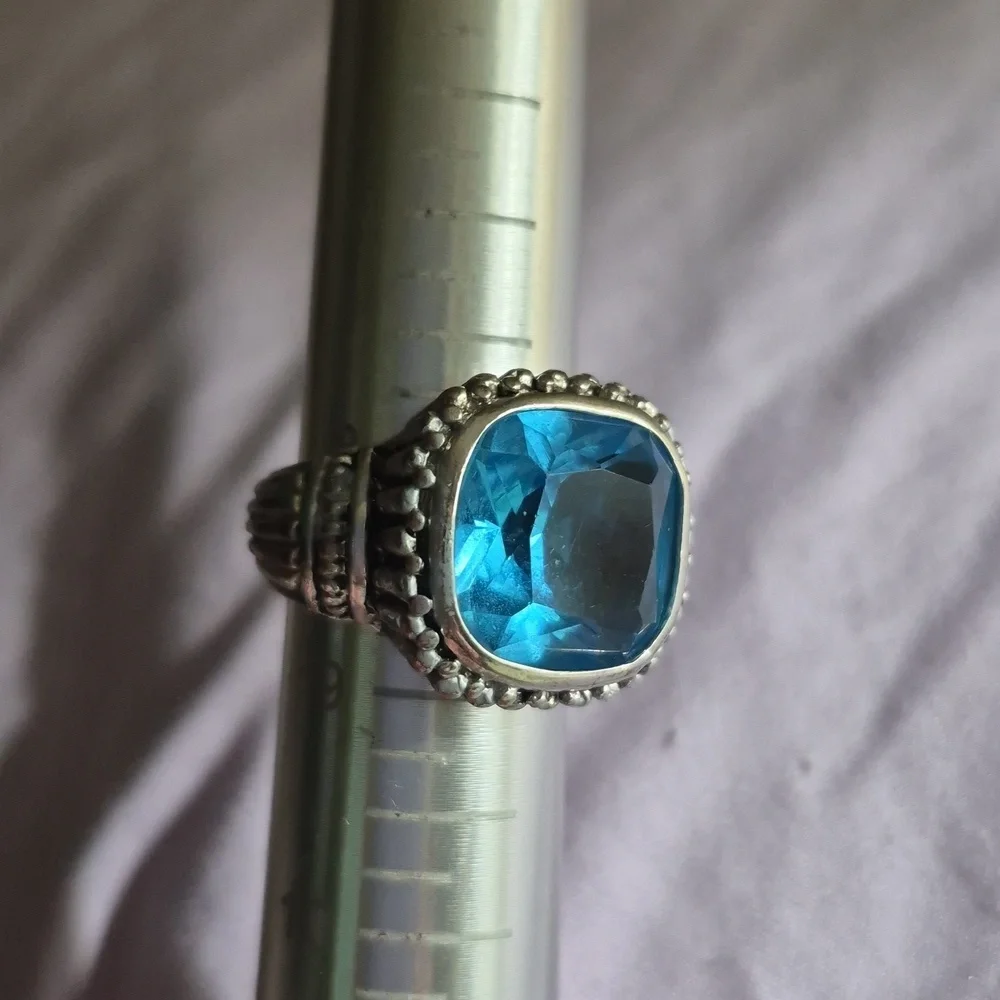 Vintage Checkerboard large Blue Topaz Chunky silver ring size 8